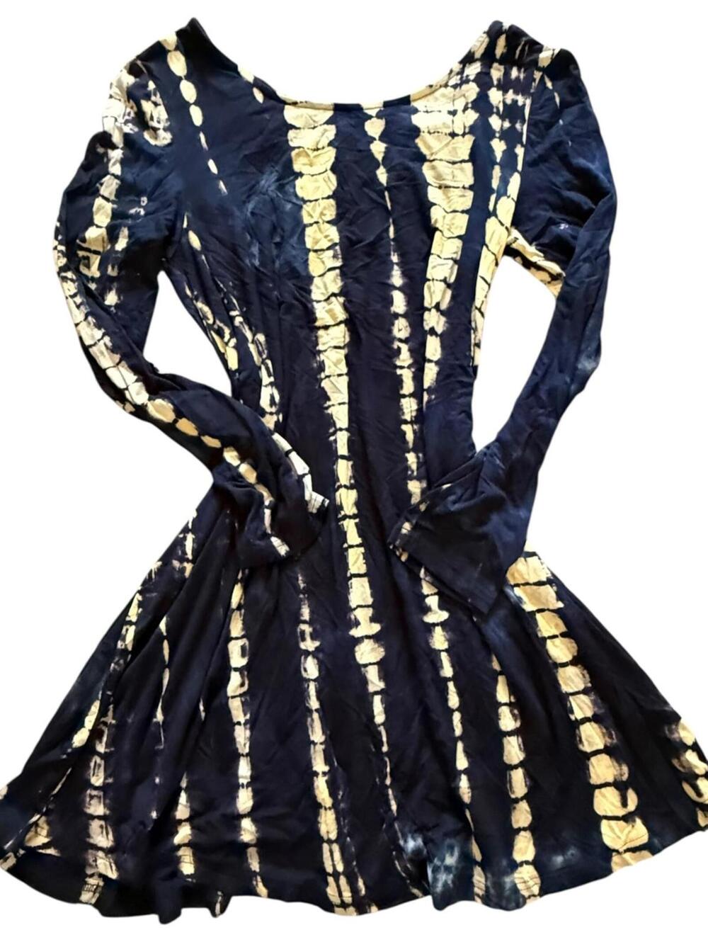 Navy Cream Tie Dye Long Sleeve Fit and Flare Dress Boho Fall Festival Style